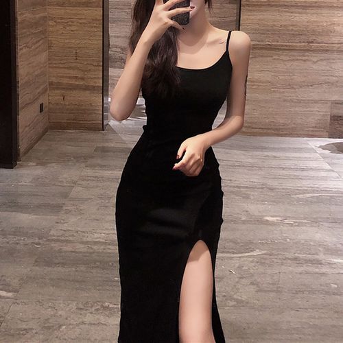 复古港味气质收腰显瘦吊带长裙小心机开叉裙子性感露背连衣裙女夏