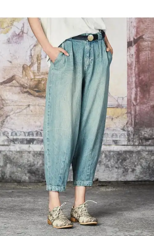 达衣岩中腰九分萝卜裤2021秋季新款怀旧无弹收褶女裤修身牛仔裤 依旧