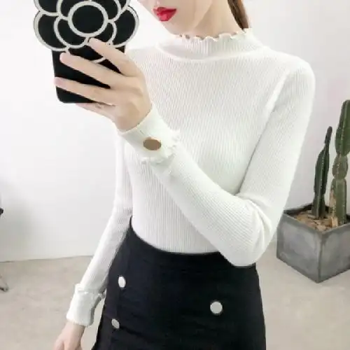 实拍2019韩版套头女装半高领纽扣毛衣女修身内搭长袖针织打底衫