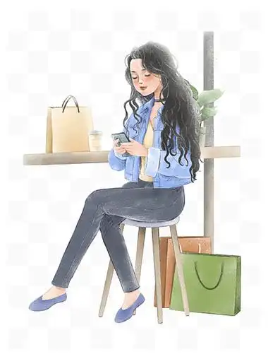 22咖啡馆看手机等人的少女手绘插画202q版可爱水彩插画时装少女牛仔