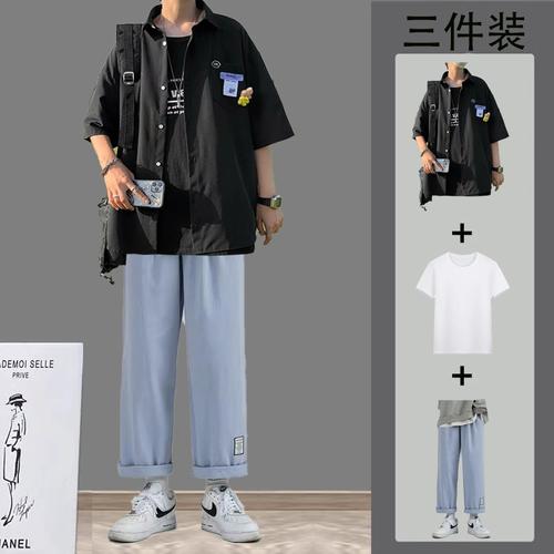 男韩版三件套夏季宽松短袖衬衫休闲套装痞帅潮流衣服一套搭配男装