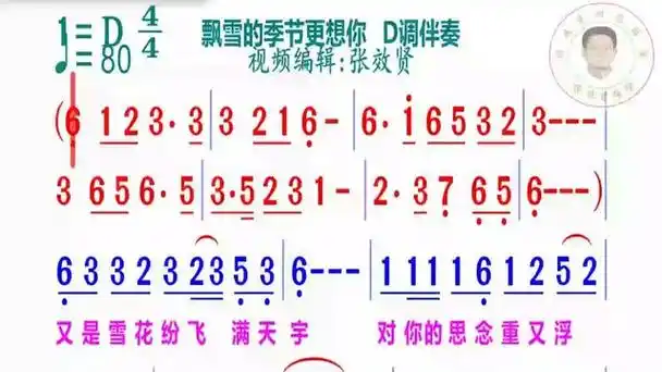 《飘雪的季节更想你》简谱d调伴奏