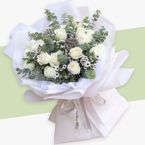 520七夕情人节韩式花束雪山白玫瑰鲜花速递同城配送生日祝福花店