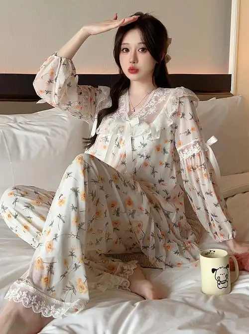 春季新款睡衣女公主风仿棉里布蕾丝甜美网纱带胸垫家居服套装 - 17网