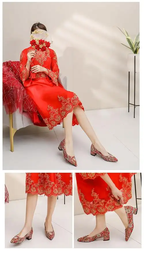 配秀禾服鞋子敬酒服鞋子秀禾鞋法式婚鞋冬季女红色平底新娘鞋孕妇粗跟