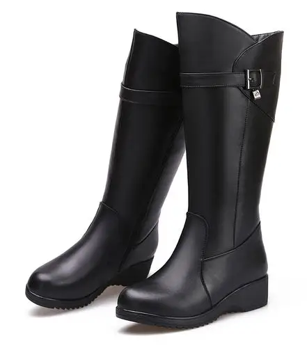 皮毛一体女靴子平底羊毛棉靴厚底防滑防水雪地靴女士长筒骑士靴 黑色