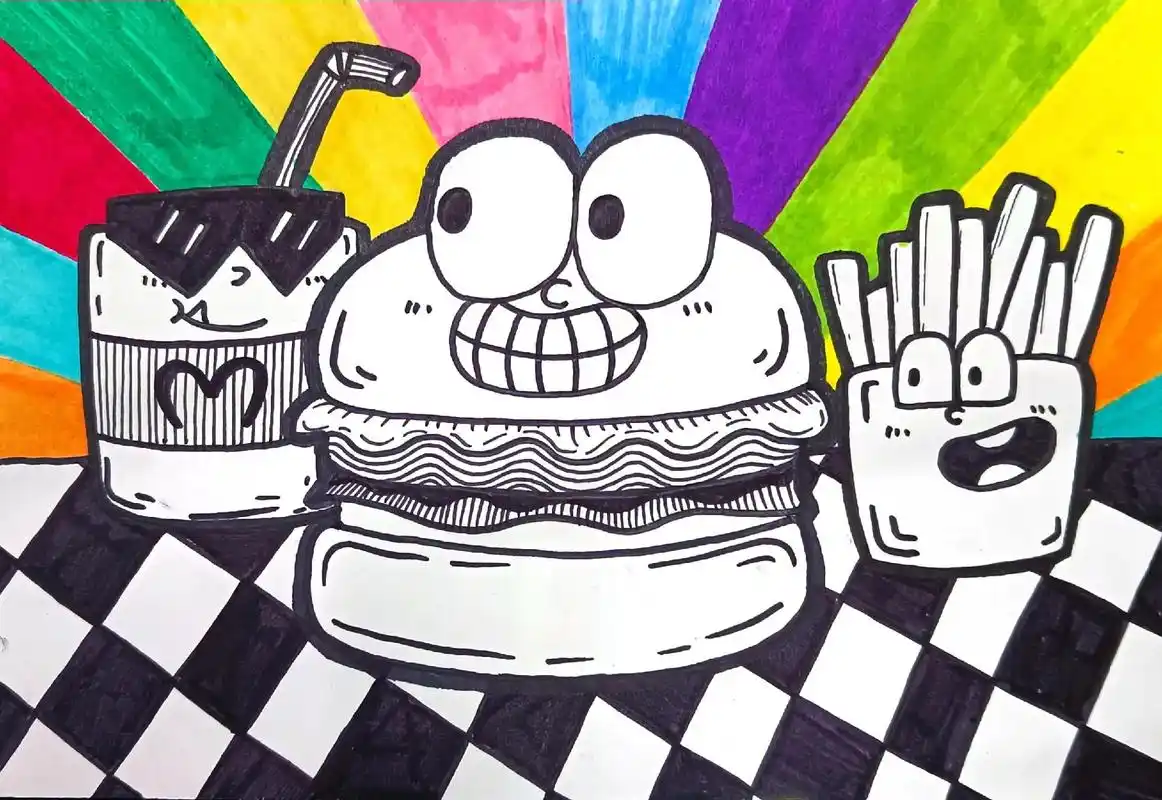 创意线描画‖汉堡92薯条93可乐04.#画画 #手绘 #简笔 - 抖音