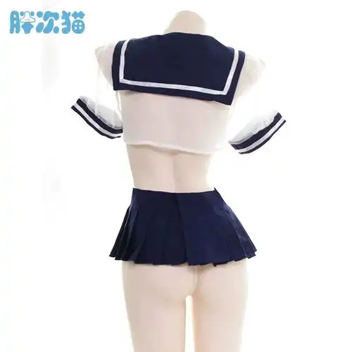 巨可爱a网纱半透短款水手服睡裙少女水手服睡衣套装日系透明校服