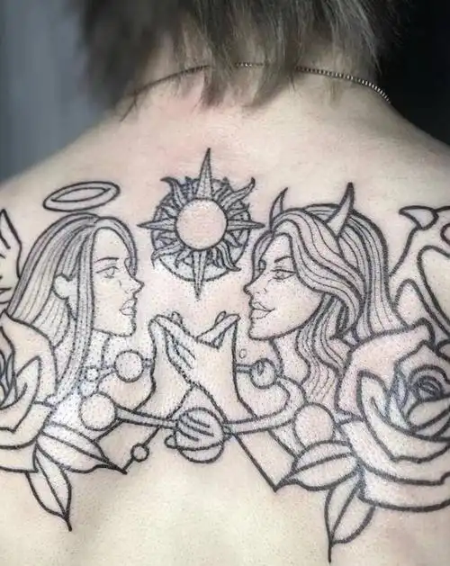 双生(未完成)纹身图片_背部old school恶魔天使纹身图案