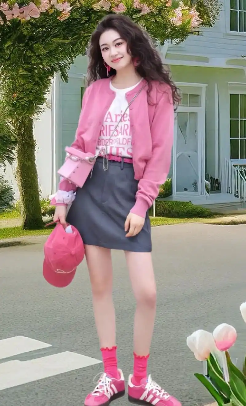 粉色刺绣针织衫 字母内搭上衣 灰色半身裙.姐妹们!这套粉色针 - 抖音