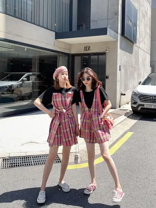 夏季女装2019新款女姐妹装 假两件雪纺连衣裙不一样的闺蜜装裙子