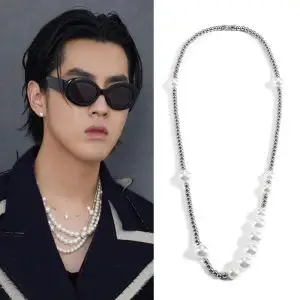 吴亦凡同款珍珠项链男纯银小众设计潮嘻哈拼接锁骨颈链女说唱饰品