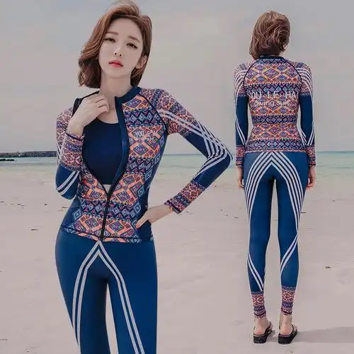 韩版游泳衣分体平角长袖长裤三件件套潜水服运动分体泳衣