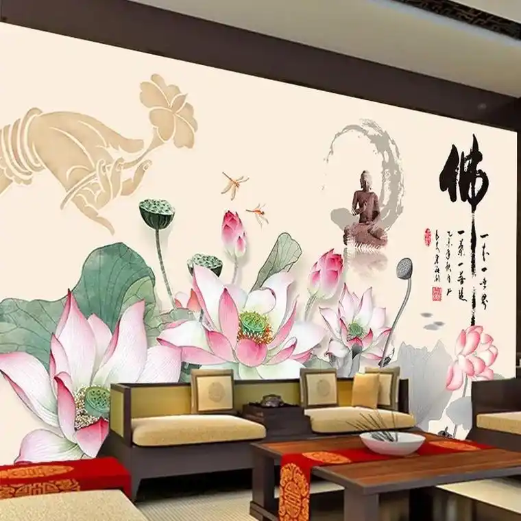莲花佛手墙纸佛堂供桌电视背景墙装饰壁画菩提观佛字佛像壁纸