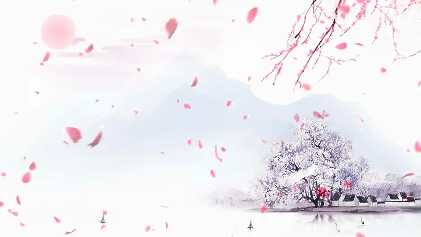 唯美仙境桃花盛开随风飘落的桃花叶古风水墨画视频下载
