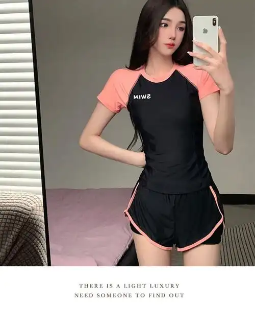 运动风分体游泳衣女学生大码休闲保守遮肚显瘦新款ins风温泉泳装 - 17