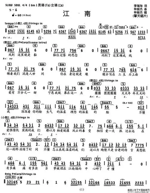 江南六线吉他谱(李瑞洵词 林俊杰曲,编配乐谱)_通俗曲谱_中国曲谱网