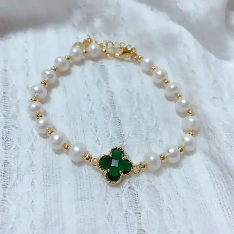 7-8近圆强光四叶草珍珠手链#网红饰品 #手工制作 #仙女必 - 抖音