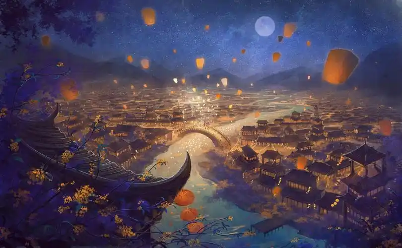 古风月色手绘桌面壁纸唯美古风汉服美女高清桌面壁纸精美古风桌面壁纸