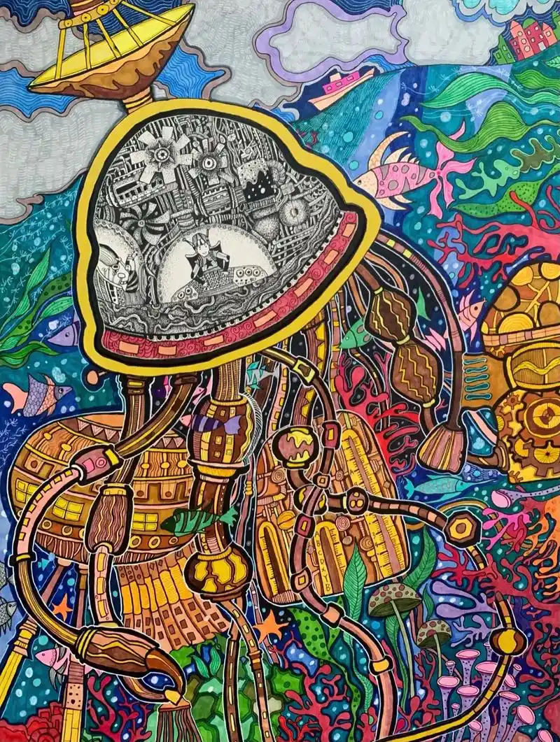 抖音图文来了 #画画 #创意美术 #科幻画 #一等奖 #科 - 抖音