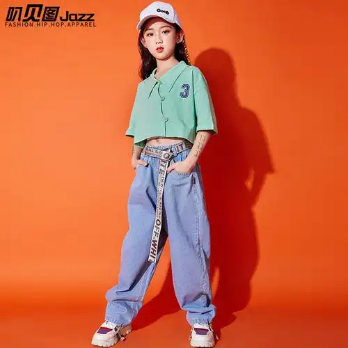 女童爵士舞套装夏季短袖少儿嘻哈街舞表演服亮色潮款女生jazz服装