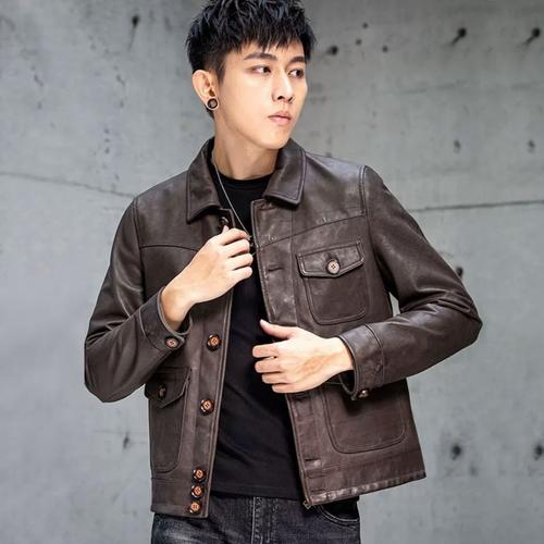 外套短款翻领修身皮夹克男潮韩版复古新款高端进口真水洗皮衣男士