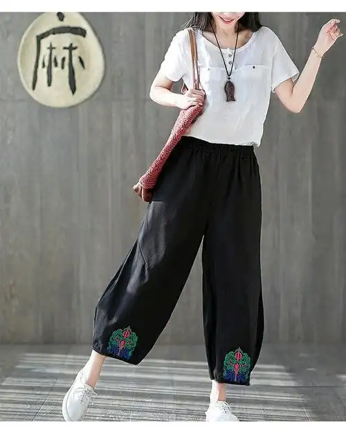 春夏季新款民族风女裤2024文艺复古刺绣松紧腰灯笼裤休闲九分裤子