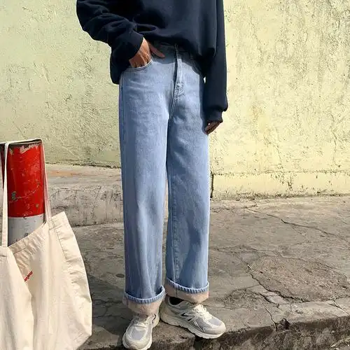 加绒牛仔裤女学生外穿冬季新款加厚宽松阔腿高腰直筒裤子百搭韩版