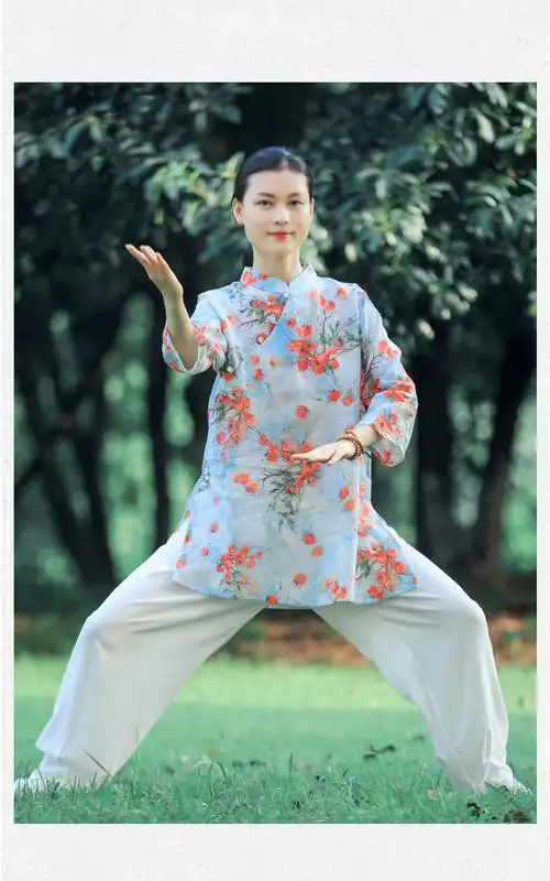 太极服新款苎麻短袖上衣女夏天棉麻薄款太拳练功服装中风茶服黄色苎麻