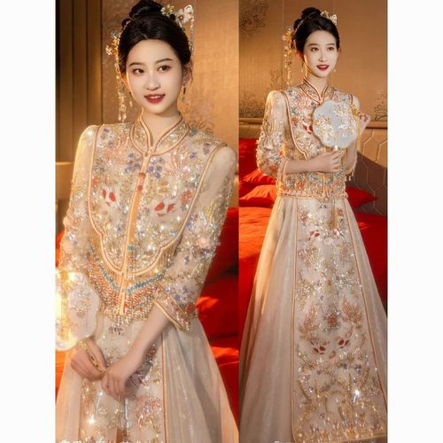 新款香槟色秀禾服新娘结婚敬酒服复古中式婚纱礼服高级显瘦出阁服