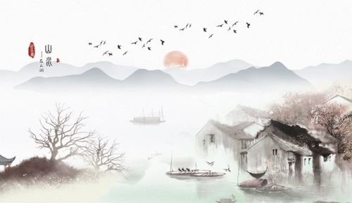 a【艺轩壁画】新中式背景墙山水烟雨江南意境墙布3d模型