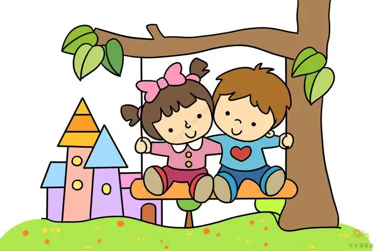 公园里荡秋千情景简笔画小孩子们一起荡秋千吧
