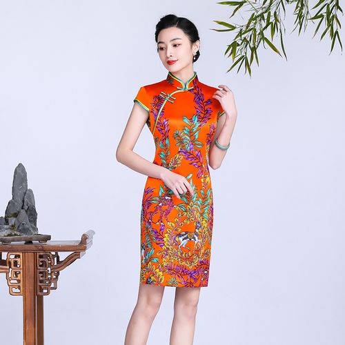 钱塘佳人重磅真丝旗袍桑蚕丝短款修身性感改良版中国风复古连衣裙