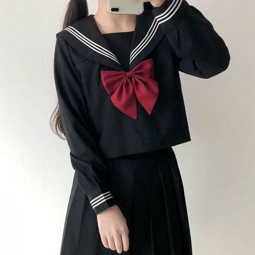 [岩松家]正统黑色不良少女jk水手服制服基础款黑三本长袖中间服