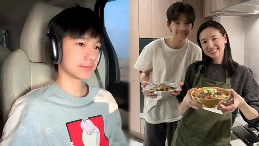 董洁为儿子做美食15岁顶顶长胡子模样帅气身高猛长超过妈妈