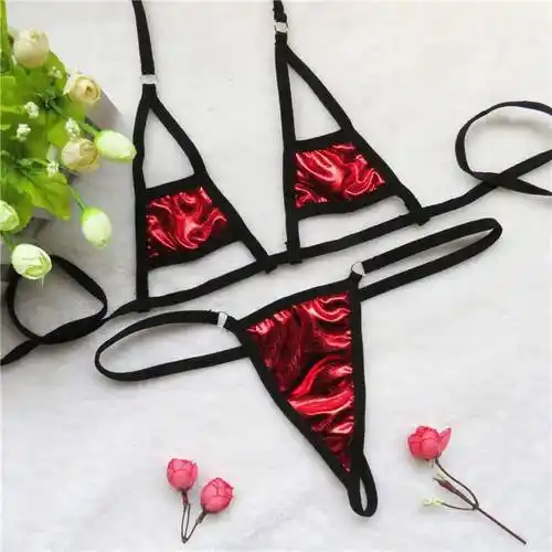 比基尼三点式透明欧美女性感透明诱惑亮面女士大码三点式比基尼套装浅