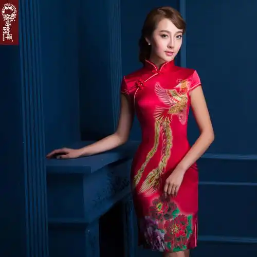 【依诗韵泽旗舰店】2016新款真丝旗袍中式婚礼凤凰开叉红色桑蚕丝