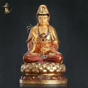 纯铜彩绘观音佛像供奉家用南海观世音菩萨铜像娑婆三圣神像佛摆件