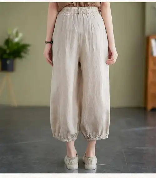 实拍现货夏季新款大码棉麻女裤洗水直筒九分裤纯色复古阔腿裤女 - 17