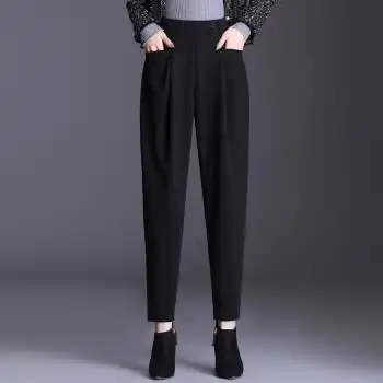 秋冬新款哈伦裤女萝卜裤女裤子松紧腰小脚裤休闲高腰长裤跨裤 黑色