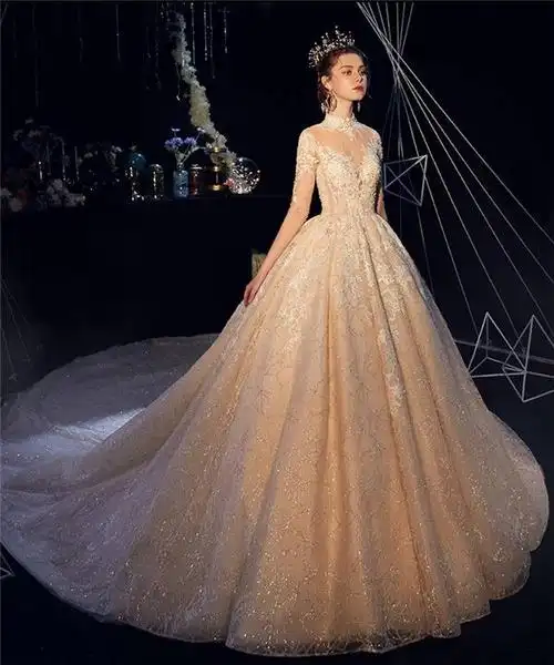 蕙阑坊主婚纱礼服新娘豪华奢侈拖尾长袖星空香槟色森系超仙梦幻