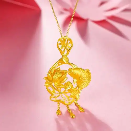 ctf周大福莲花连年有鱼黄金足金吊坠f184103