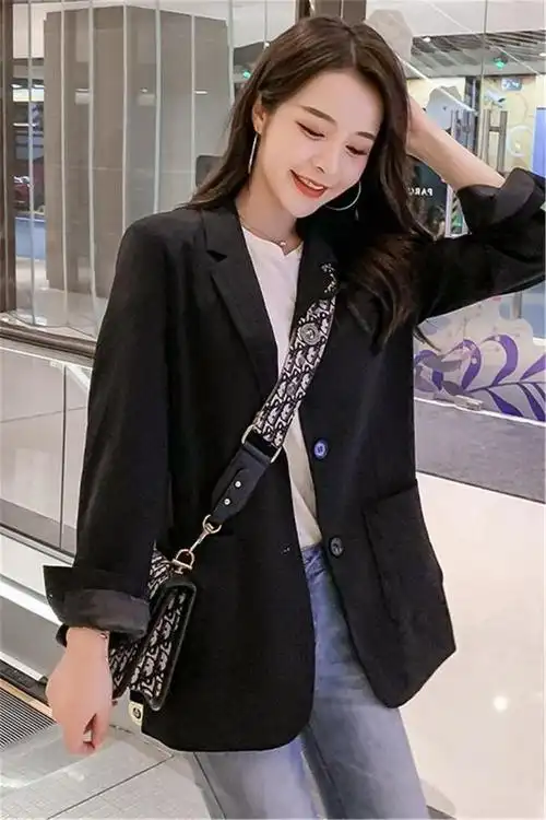 西装外套女韩版2021春秋新款宽松复古潮黑色小西装休闲西服
