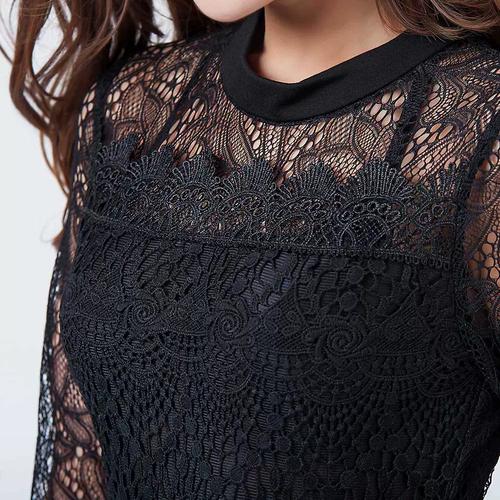 性感蕾丝镂空半透连衣裙拼接弹力长袖圆领中长打底裙歌雨竹春秋款