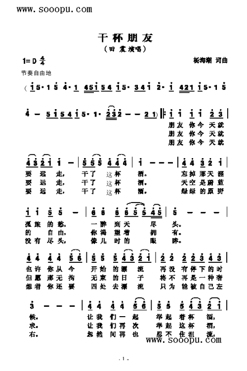 干杯朋友 田震 歌谱 简谱