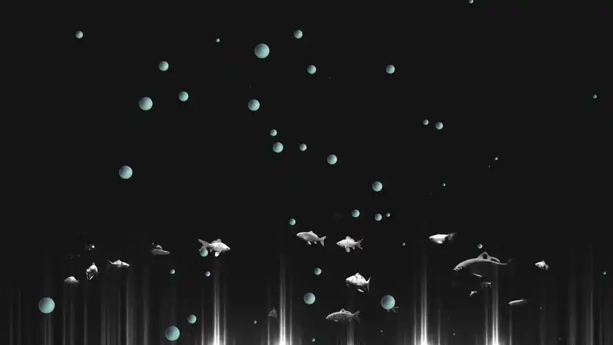 【4k时尚背景】黑白鱼缸小鱼球体3d粒子