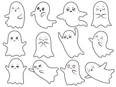 幽灵般的万圣节幽灵, 微笑的幽灵和可怕的幽灵人物与嘘脸矢量卡通插图