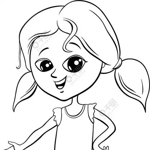 可爱的小学或学龄前女孩漫画人物着色书页的黑白卡通插图