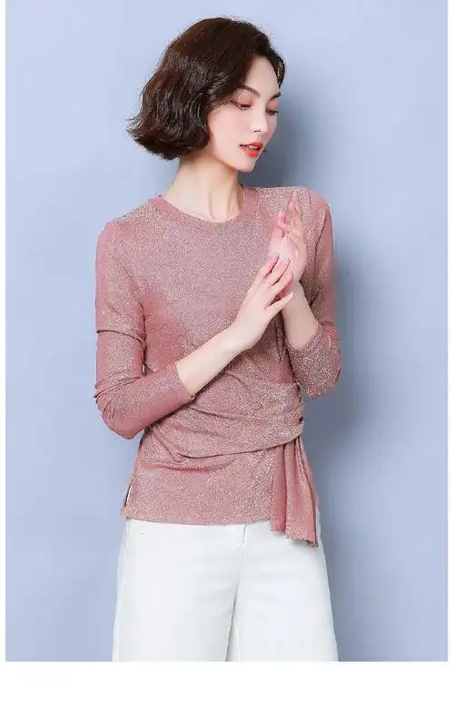 网纱打底衫女春秋百搭遮肚子亮丝上衣洋气显瘦气质小衫长袖女t恤清仓