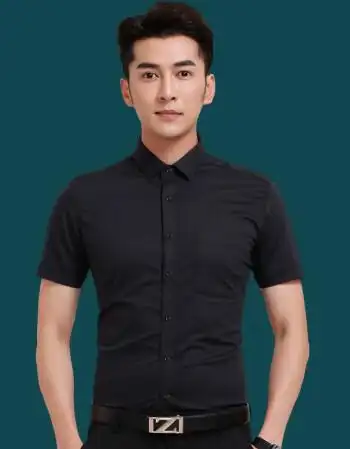 夏季短袖衬衫商务正装男士修身白色丝光棉免烫寸职业工作服上衣 黑色